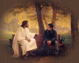 A painting of Jesus sitting on a bench next to a young man